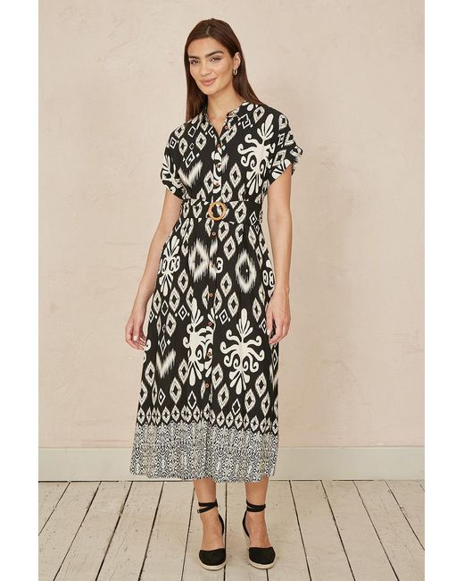 Yumi' Natural Abstract Geo Print Relaxed Midi Shirt Dress With Belt