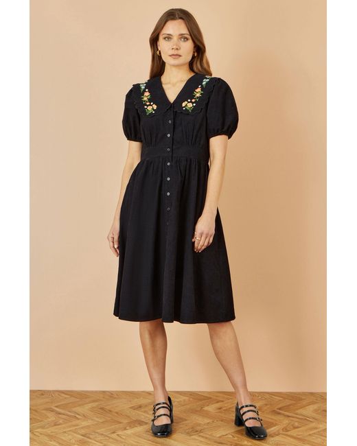 Yumi' Black Long Sleeve Midi Dress With Floral Embroidery