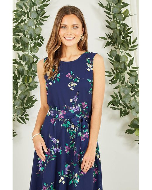 Yumi' Blue Floral Print Midi Skater Dress