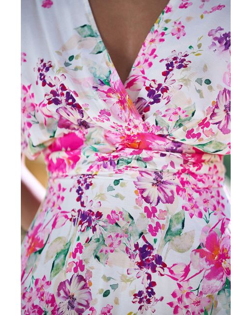 Yumi' Pink Mirror Floral Print Ruched Waist Kimono Midi Dress