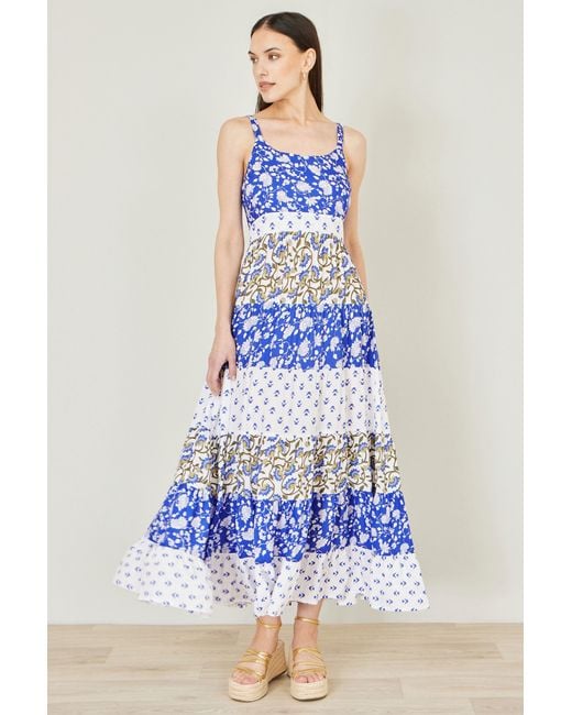 Yumi' White And Rayon Patchwork Print Tiered Maxi Dress