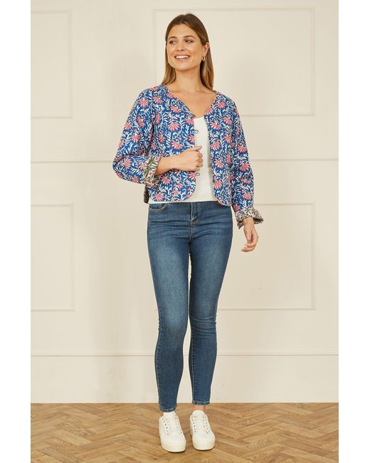 Yumi' Blue Floral Reversible Cotton Quilted Jacket