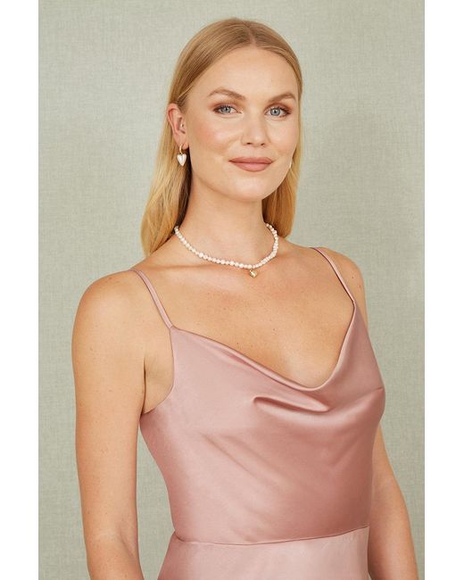 Yumi' Pink Rose Satin Cowl Neck Midi Slip Dress