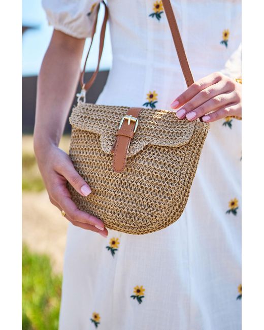 Yumi' Brown Woven Rattan Handbag With Buckle