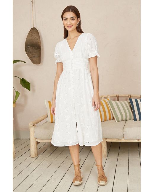 Yumi' Natural Cotton Broderie Anglaise Midi Button Up Dress