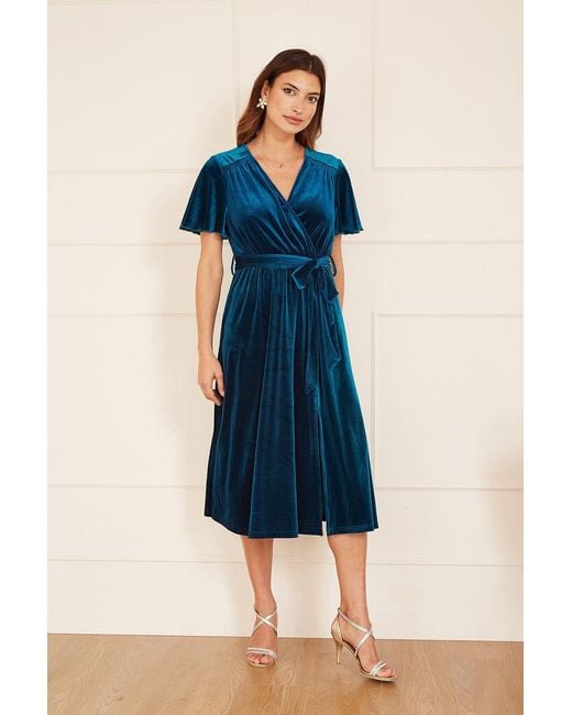 Yumi' Blue Wrap Over Midi Dress With Angel Sleeves And Split Hem