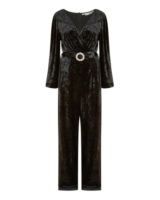 Yumi' Black Velvet Long Sleeve Jumpsuit With Diamante Belt