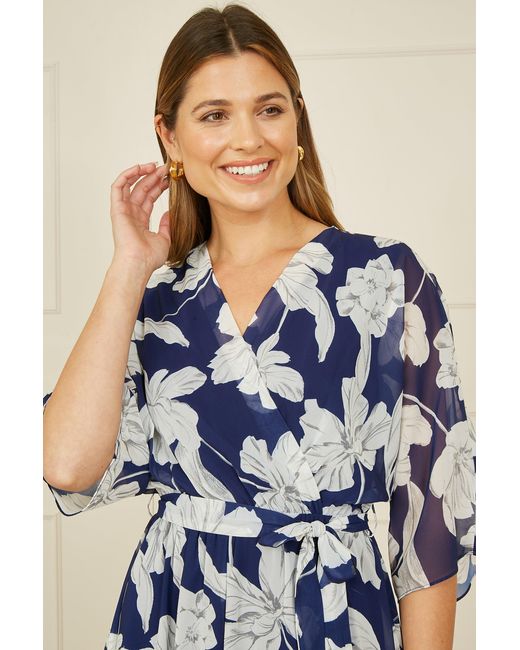 Yumi' Blue Mesh Bird And Floral Print Midi Dress With Ruffles