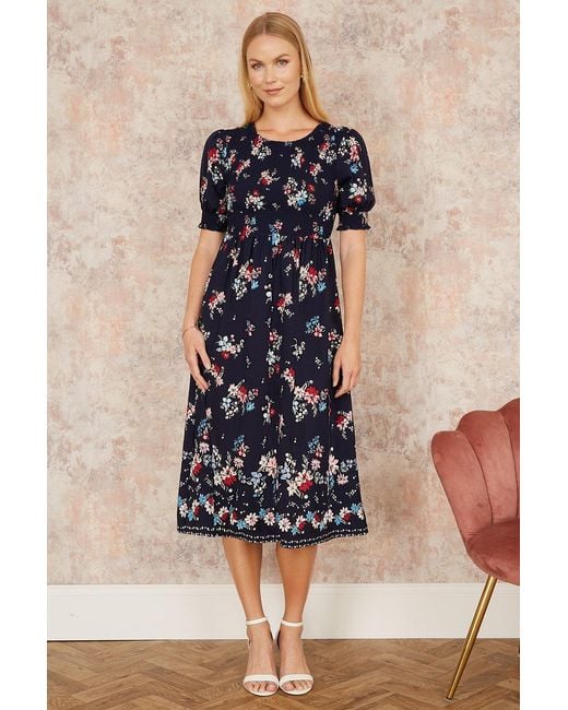 Yumi' Blue Recycled Floral Ruched Midi Dress With Puff Sleeves