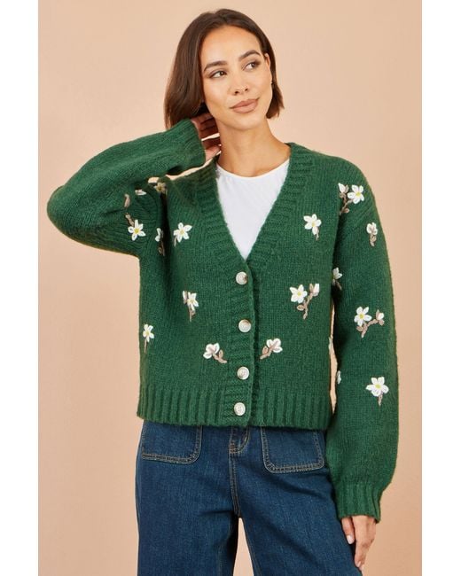 Yumi' Green Hand Embroidered Chunky Knitted Cardigan