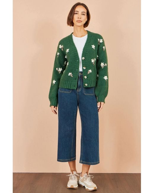 Yumi' Green Hand Embroidered Chunky Knitted Cardigan