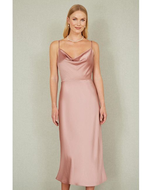 Yumi' Pink Rose Satin Cowl Neck Midi Slip Dress