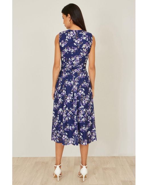 Yumi' Blue Blossom Print Mesh Stretch Midi Dress With Pockets