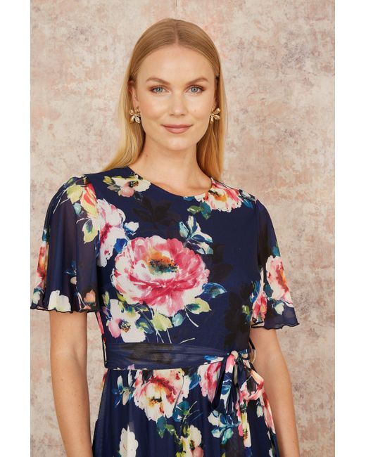 Yumi' Blue Mesh Floral Print Midi Dress With Angel Sleeves
