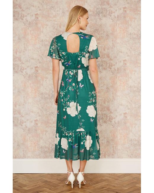 Yumi' Green Mesh Bird And Floral Print Midi Dress With Ruffles