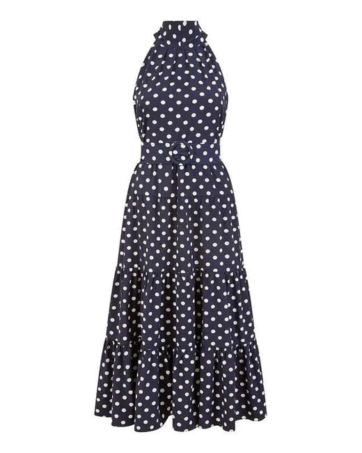 Yumi' Blue Spot Print Halter Midi Dress With Matching Belt