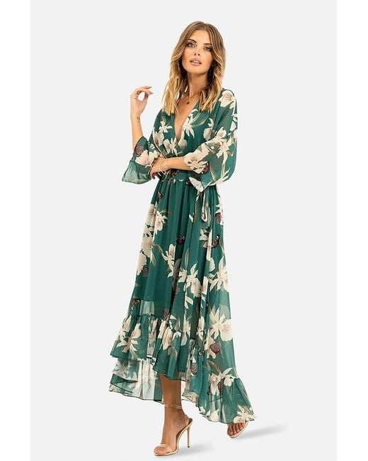 Yumi' Green Floral Kimono Sleeves Dip Hem Wrap Midi Dress