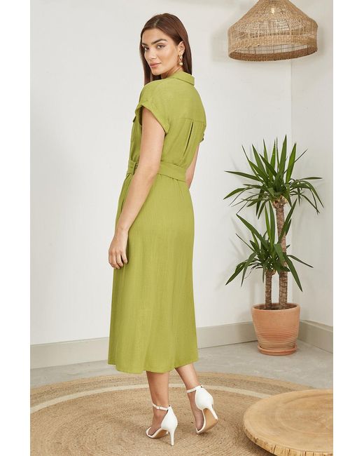 Yumi' Green Viscose Linen Look Midi Shirt Dress With Wooden Belt