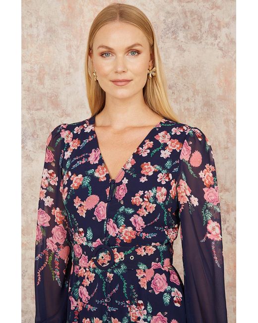 Yumi' Blue Button Up Midi Dress With Floral Placement And Long Sleeves