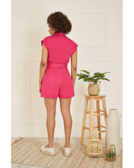 Yumi' Pink Cotton Twill Button Up Playsuit With Matching Belt