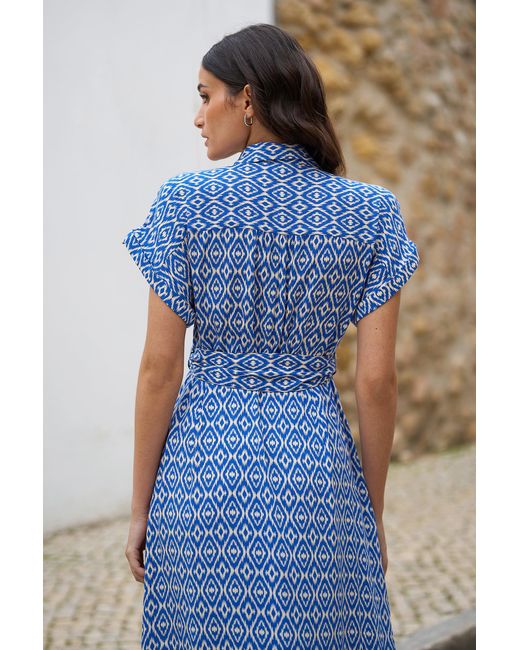Yumi' Blue Viscose Midi Shirt Dress With Matching Belt