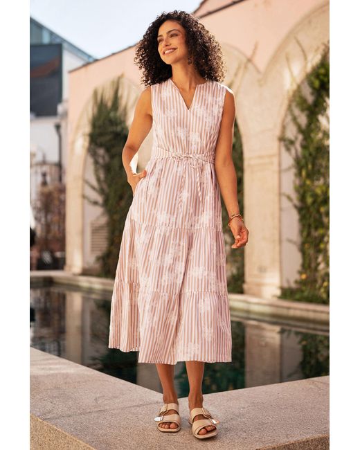 Yumi' Pink Stripe With Embroidered Flower Cotton Dress