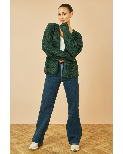 Yumi' Green Edge To Edge Cardigan With Flower Detail Sleeves