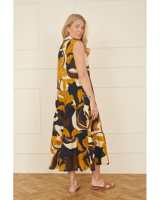 Yumi' Blue Cotton Leaf Midi Sleeveless Shirt Dress