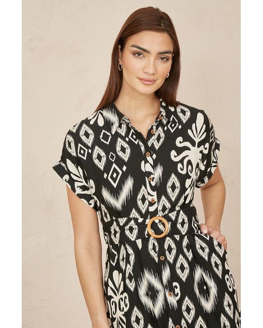 Yumi' Natural Abstract Geo Print Relaxed Midi Shirt Dress With Belt