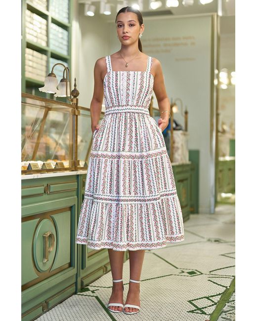 Yumi' White Botanical Stripe Midi Dress With Lace Trims