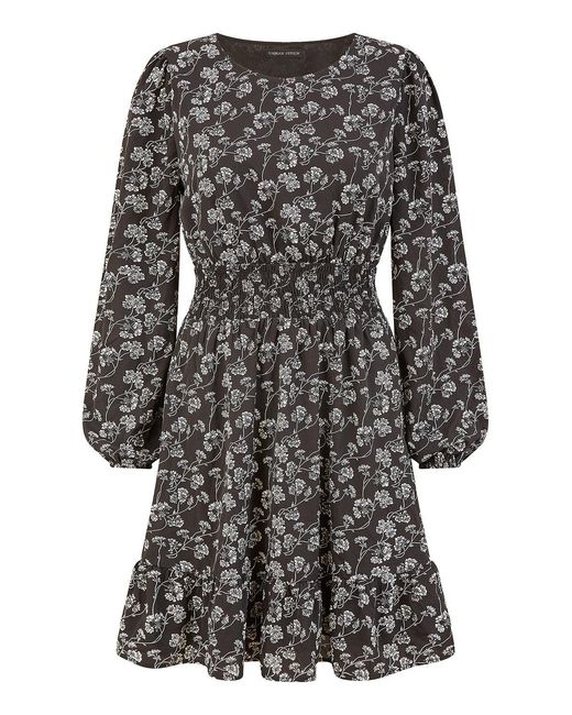 Mela Blue Floral Print Ruched Waist Long Sleeve Skater Dress