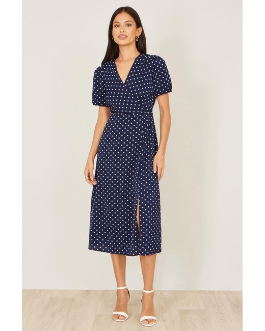 Yumi' Blue Spot Wrap Midi Tea Dress