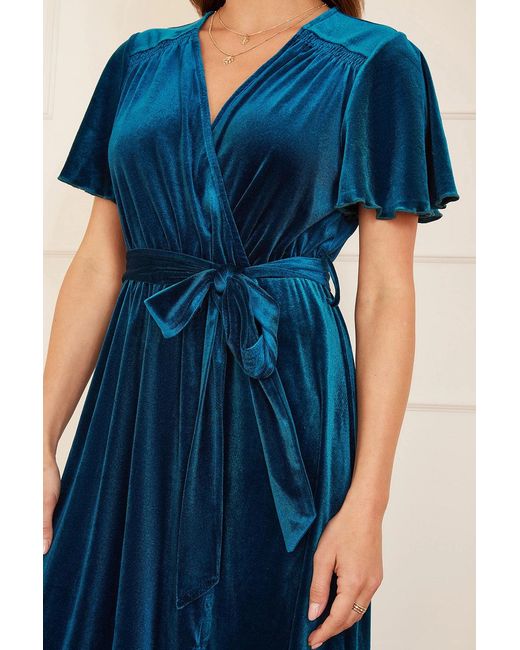 Yumi' Blue Wrap Over Midi Dress With Angel Sleeves And Split Hem