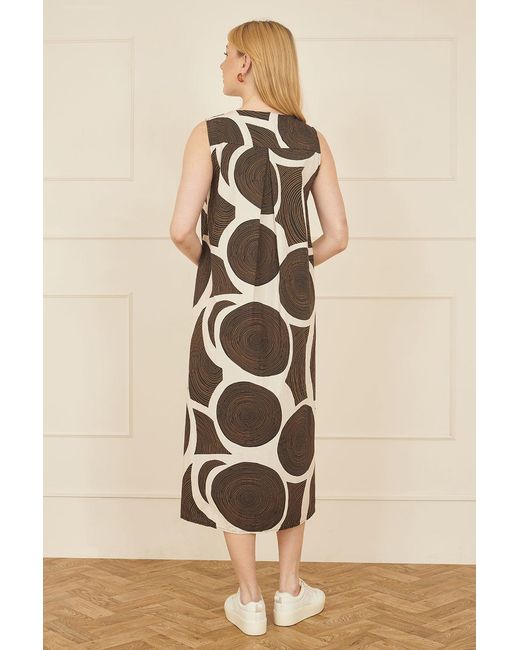 Yumi' Natural Cotton Abstract Circle Trapeze Relaxed Midi Dress