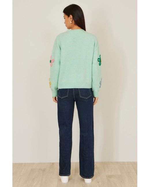 Yumi' Green Relaxed Flower Embroidered Jumper