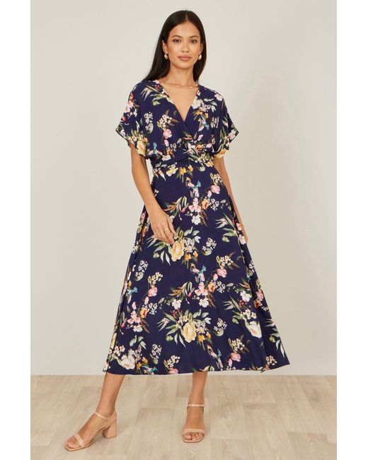 Yumi' Blue Viscose Floral Print Midi Dress With Ruched Waist