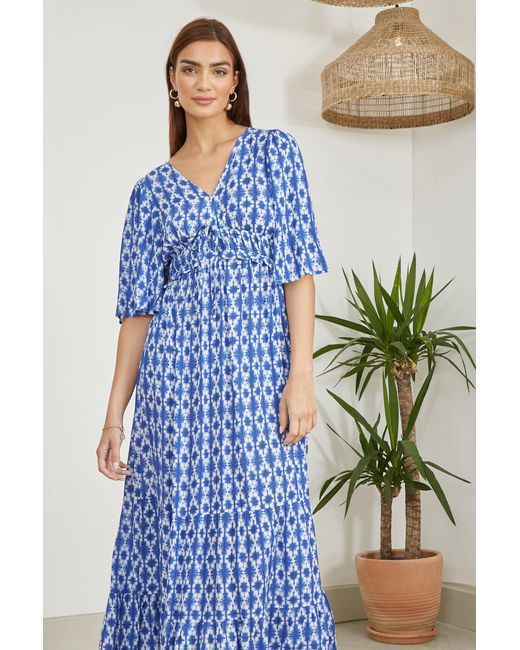 Yumi' Blue Aztec Print Maxi Dress With Cross Over Back