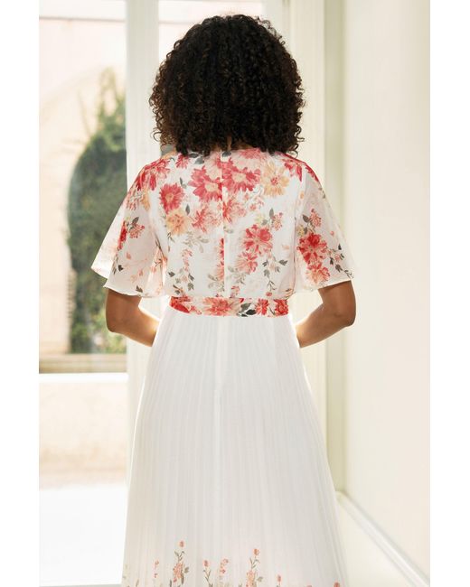 Yumi' White Mirror Floral Design Pleated Midi Dress