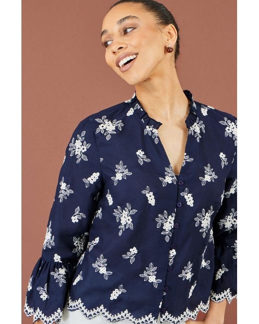 Yumi' Blue Broderie Shirt With Fluted Sleeves