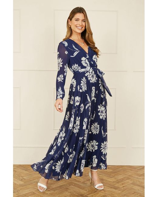 Yumi' Blue Floral Pleated Midi Wrap Long Sleeve Dress