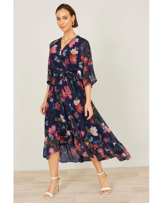 Yumi' Blue Floral Kimono Wrap Dress With Dip Hem