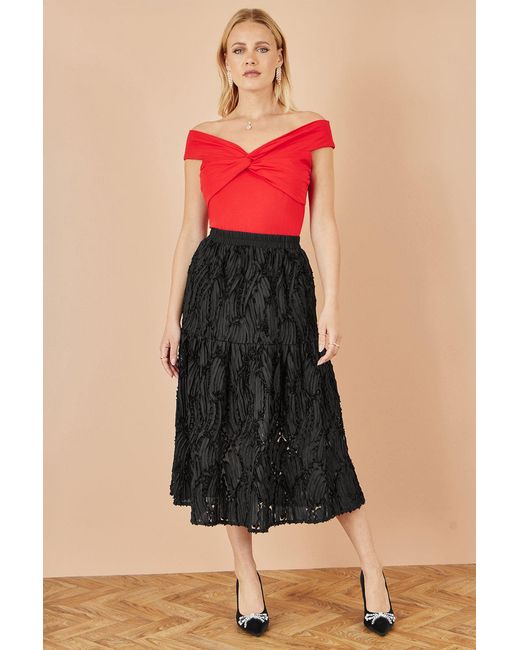 Yumi' Red Jersey Cotton Bardot Top With Knot Detail