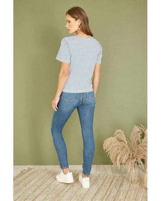 Yumi' Blue Striped Jersey Button Detail Top