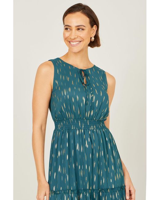 Yumi' Blue Foil Print Ruched Waist Midi Dress With Tie Notch Neckline