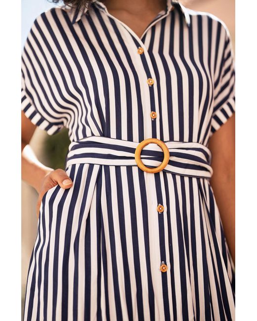 Yumi' Black Stripe Print Relaxed Midi Shirt Dress With Belt