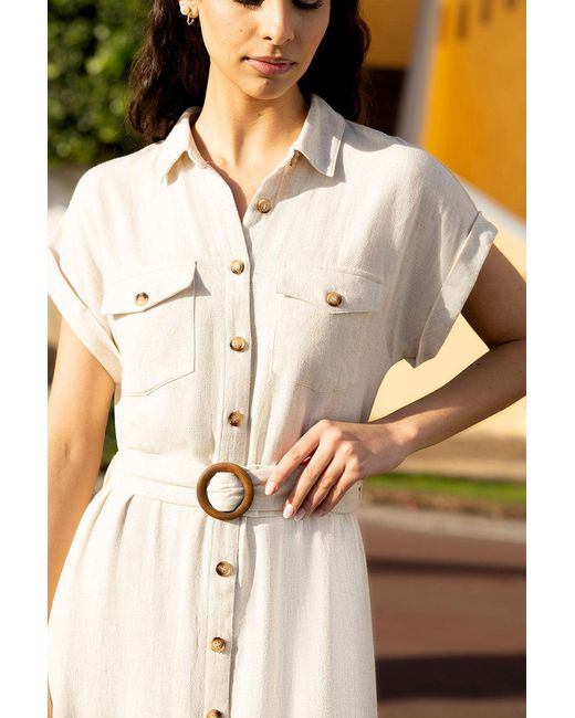Yumi' Natural Stone Viscose Linen Look Midi Shirt Dress With Wooden Belt