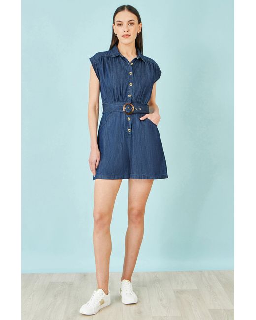 Yumi' Blue Chambray Cotton Playsuit