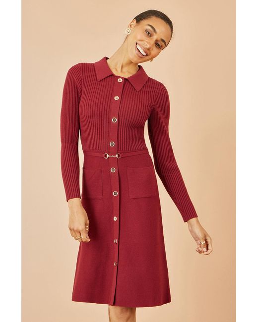 Yumi' Red Rib Knit Midi Shirt Dress With Snaffle Belt