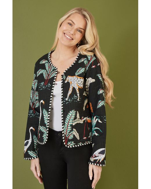 Yumi' Green Animal Print Reversible Cotton Cropped Quilted Jacket