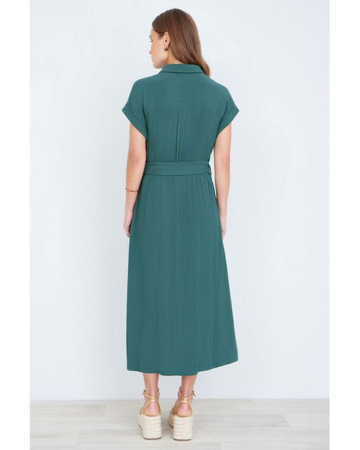Yumi' Green Viscose Linen Look Midi Shirt Dress With Wooden Belt